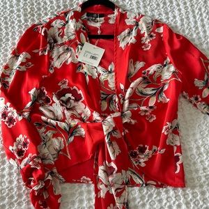 Missguided Floral print satin, knot front blouse. Size US 6